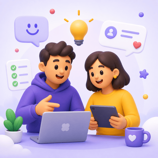 2 friends discussing a product on a laptop